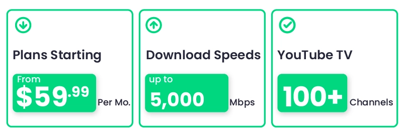 Frontier and YouTube TV bundles start from $59.99/mo. with internet speeds up to 5 Gbps and more than 100 live TV channels